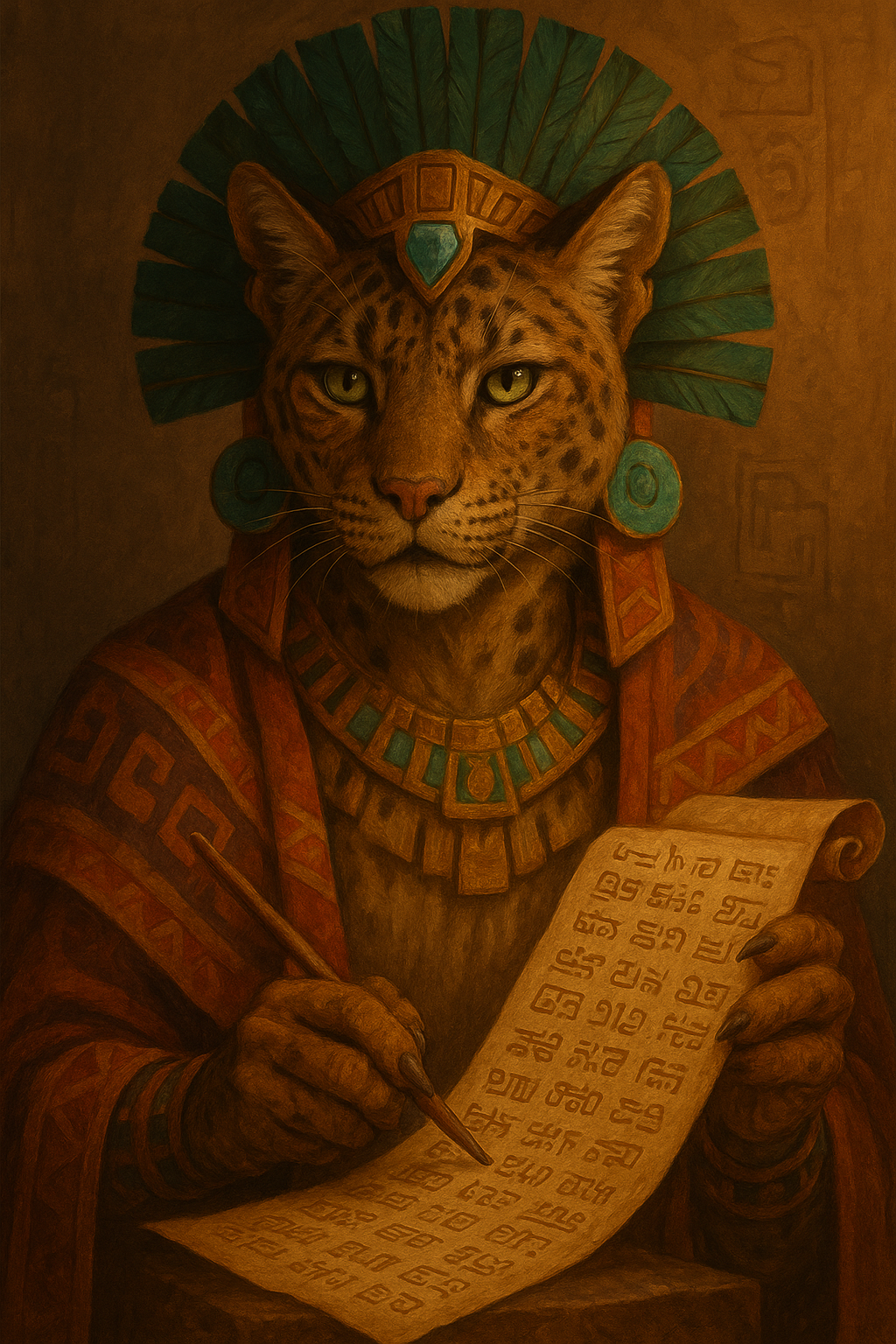 Tabaxi scribe in traditional Maztican garb