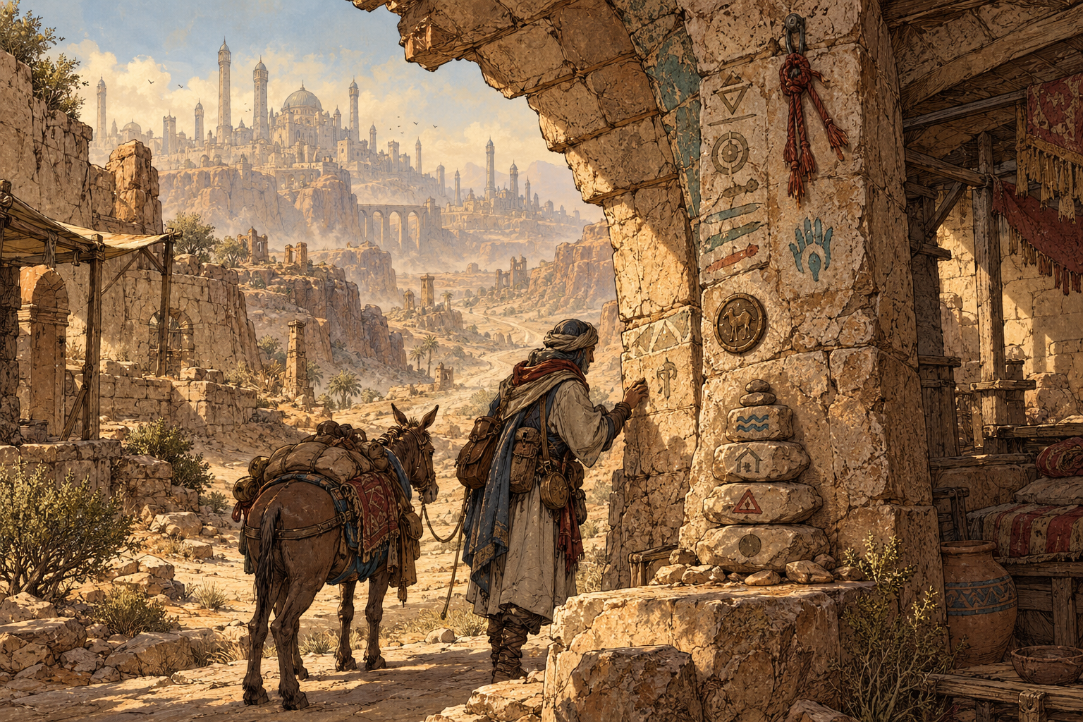 A Caravaneer reading marks of passage at a desert waystation